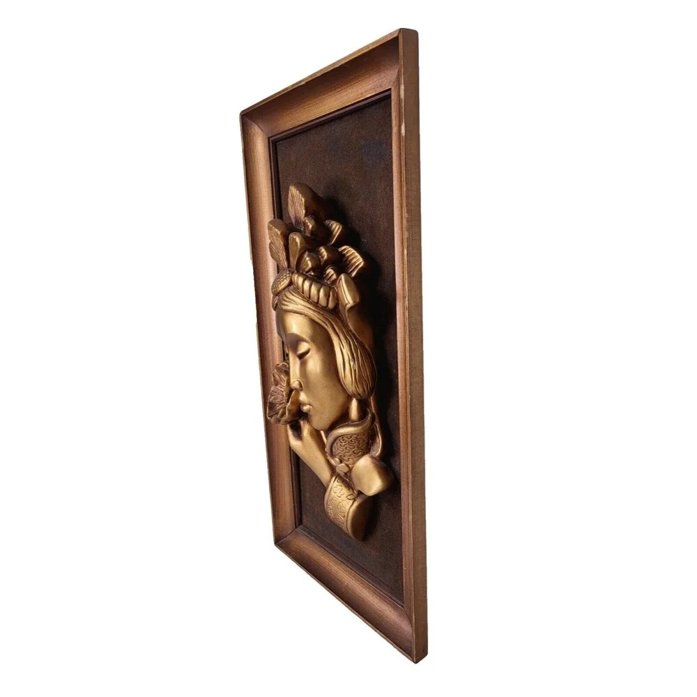 Vintage 50s 60s MCM 3D Gold Chinese Girl Lotus Flower Tretchikoff Green Girl Art
